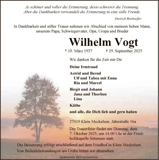 Traueranzeige von Wilhelm Vogt von SYKR