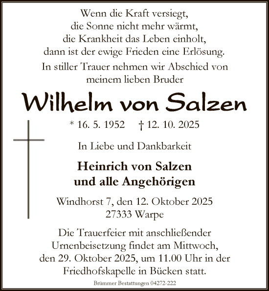 Traueranzeige von Wilhelm von Salzen von SYKS
