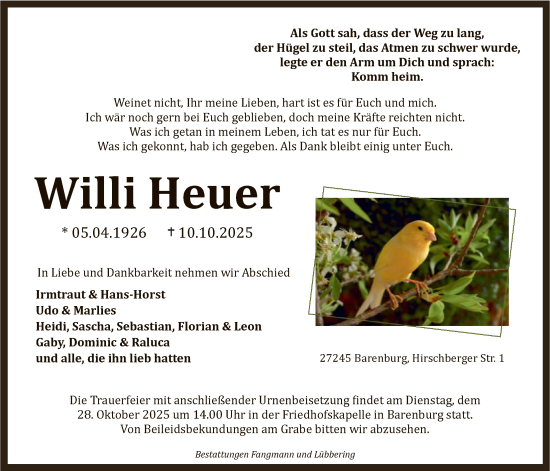 Traueranzeige von Willi Heuer von SYKS