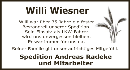 Traueranzeige von Willi Wiesner von SYKS