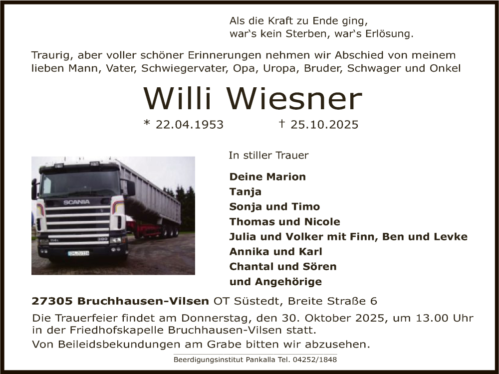  Traueranzeige für Willi Wiesner vom 28.10.2025 aus SYKS