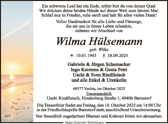 Traueranzeige von Wilma Hülsemann von SYKS