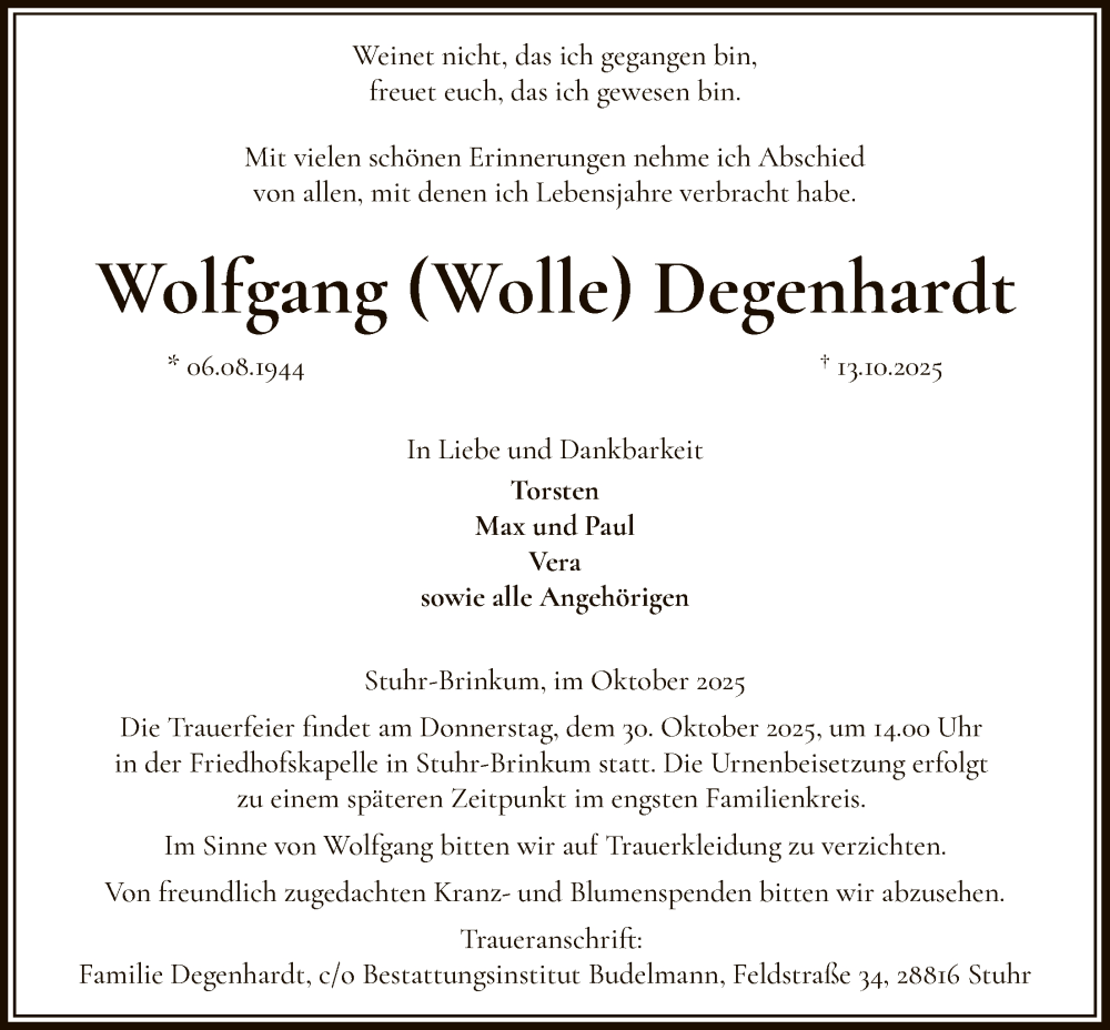  Traueranzeige für Wolfgang Degenhardt vom 18.10.2025 aus SYKS