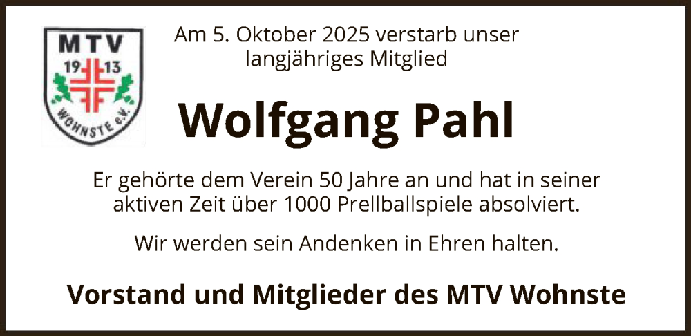 Traueranzeige für Wolfgang Pahl vom 18.10.2025 aus SYKR