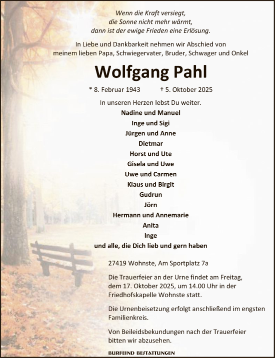 Traueranzeige von Wolfgang Pahl von SYKR