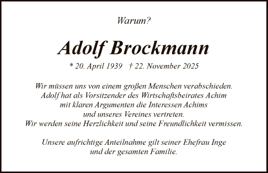 Traueranzeige von Adolf Brockmann von SYKS