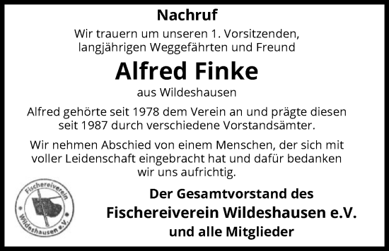 Traueranzeige von Alfred Finke von SYWZ