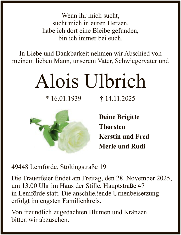  Traueranzeige für Alois Ulbrich vom 21.11.2025 aus SYKS