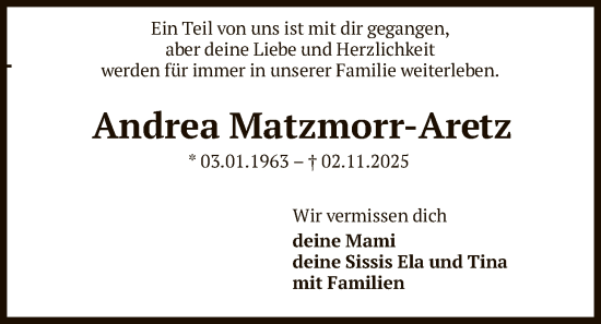 Traueranzeige von Andrea Matzmorr-Aretz von SYKS