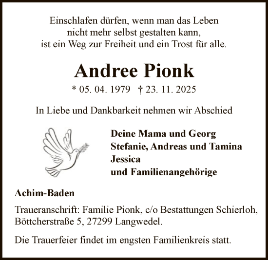 Traueranzeige von Andree Pionk von SYKS
