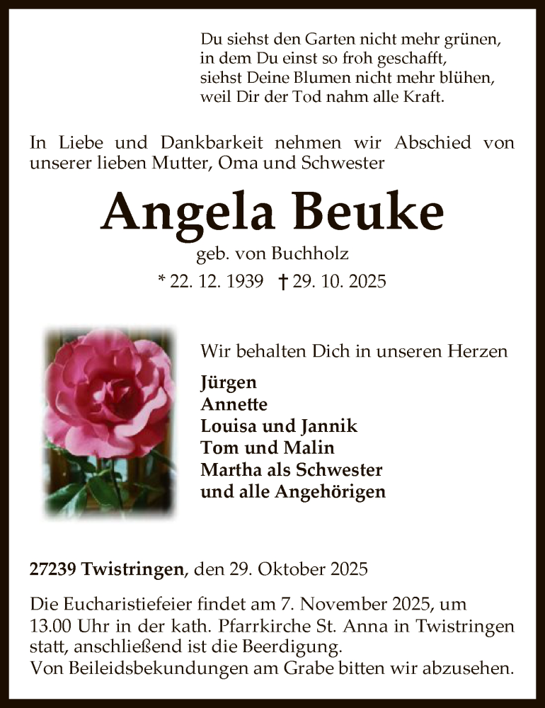  Traueranzeige für Angela Beuke vom 04.11.2025 aus SYKS