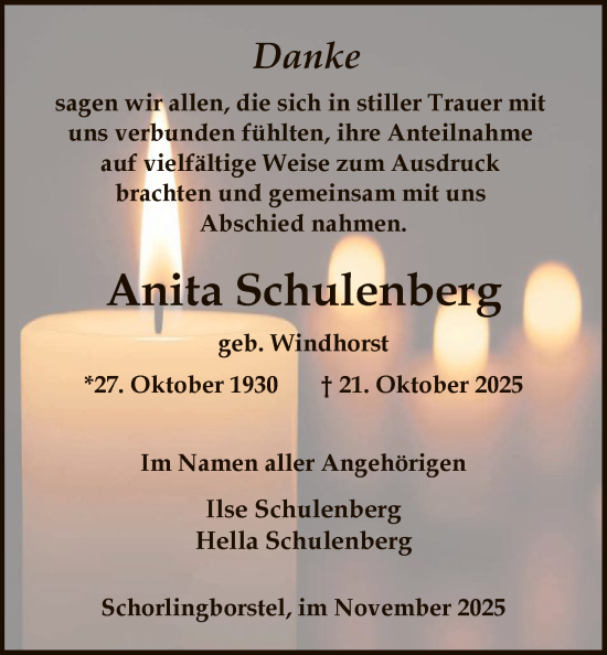 Traueranzeige von Anita Schulenberg von SYKS