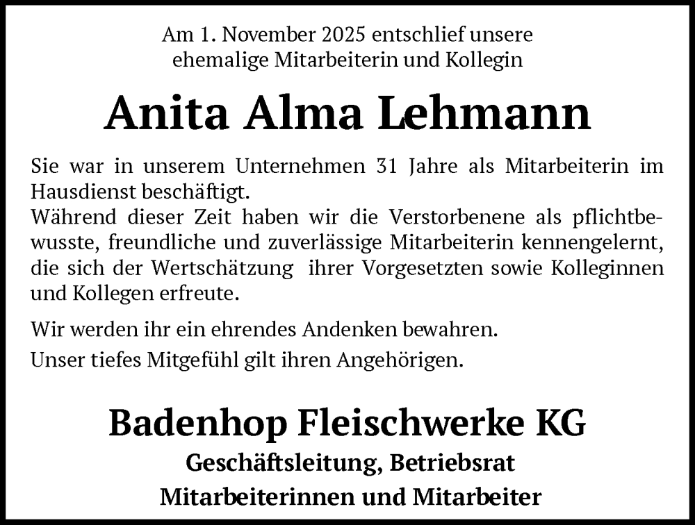  Traueranzeige für Anita Alma Lehmann vom 29.11.2025 aus SYKS
