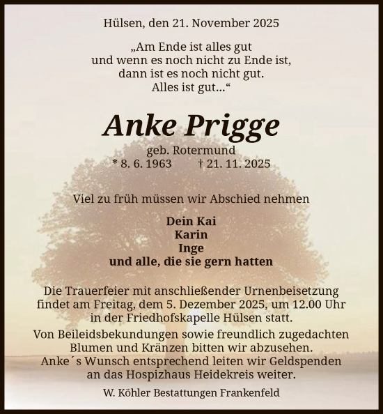 Traueranzeige von Anke Prigge von SYKS