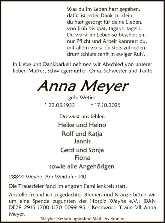 Traueranzeige von Anna Meyer von SYKS