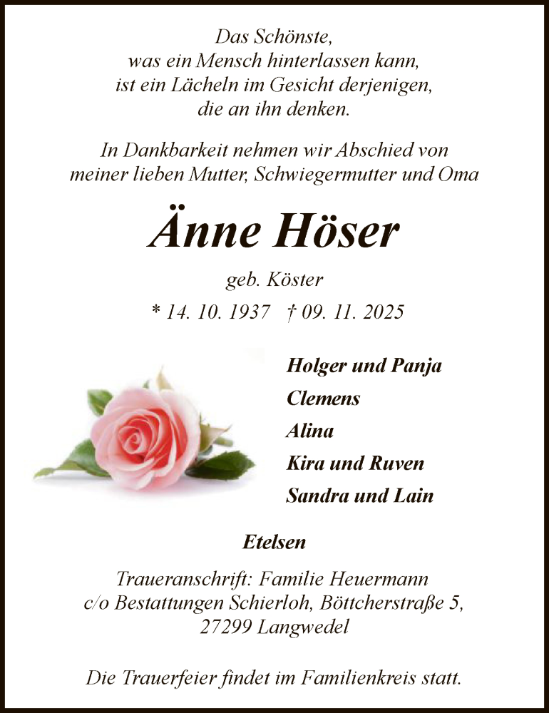  Traueranzeige für Anne Höser vom 22.11.2025 aus SYKS
