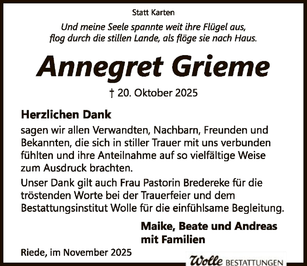  Traueranzeige für Annegret Grieme vom 29.11.2025 aus SYKSSYKS
