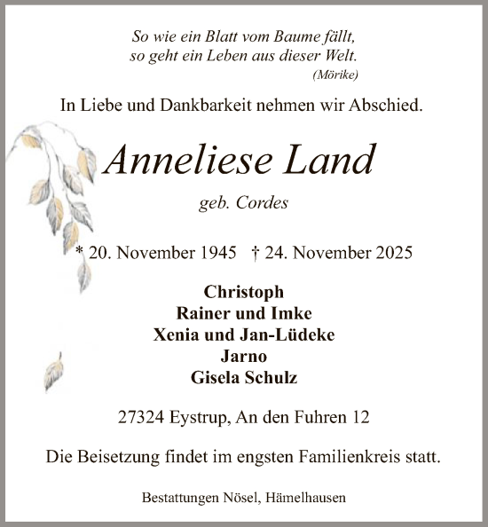 Traueranzeige von Anneliese Land von SYKS
