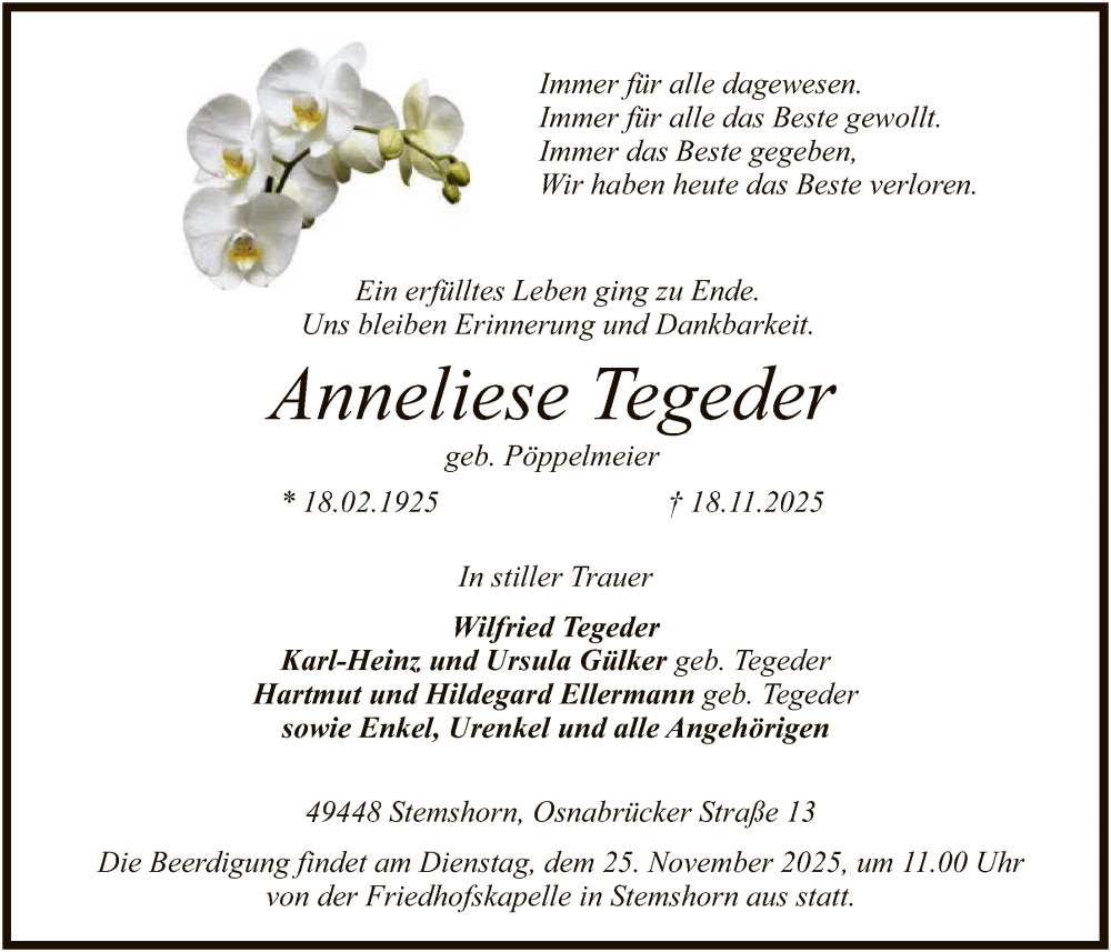  Traueranzeige für Anneliese Tegeder vom 22.11.2025 aus SYKS