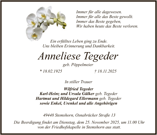 Traueranzeige von Anneliese Tegeder von SYKS