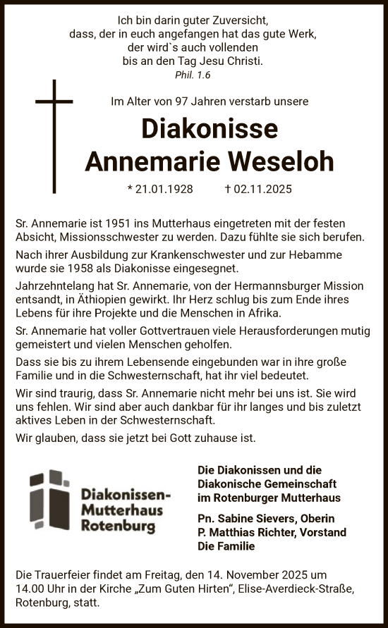 Traueranzeige von Annemarie Weseloh von SYKR