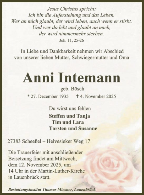 Traueranzeige von Anni Intemann von SYKR