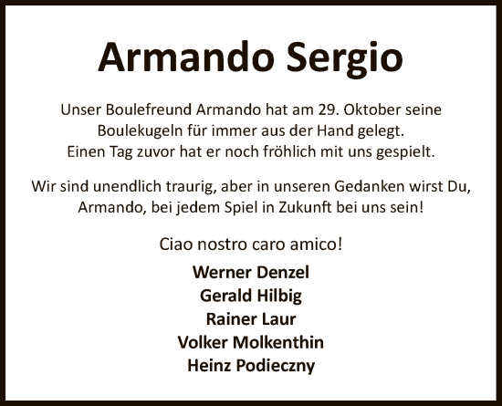 Traueranzeige von Armando Sergio von SYKS