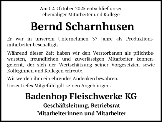 Traueranzeige von Bernd Scharnhusen von SYKS