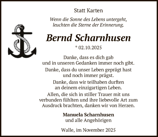 Traueranzeige von Bernd Scharnhusen von SYKS