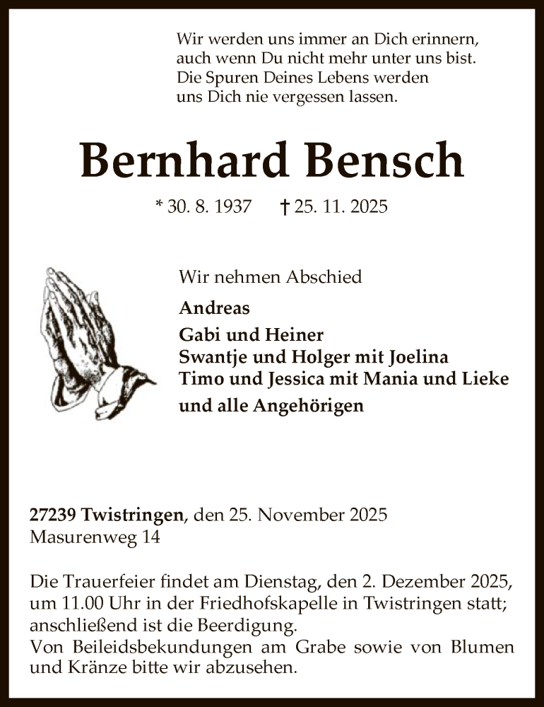  Traueranzeige für Bernhard Bensch vom 27.11.2025 aus SYKS