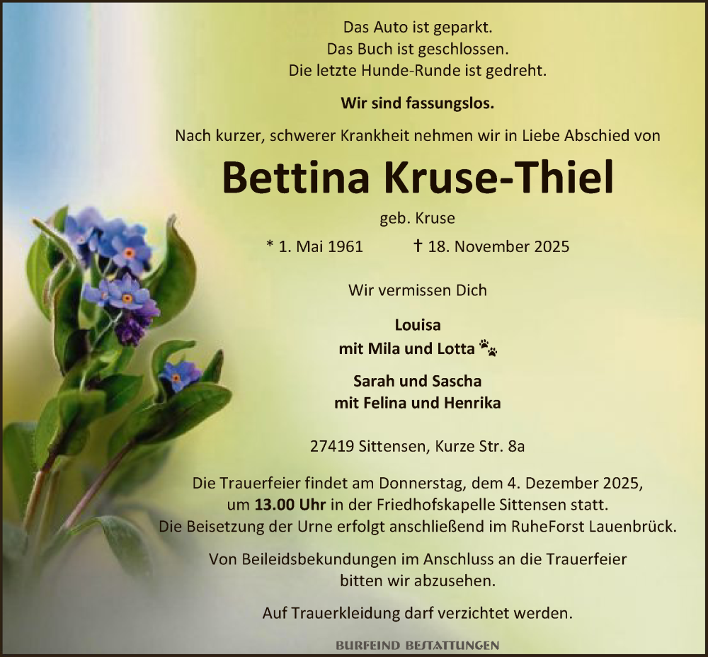  Traueranzeige für Bettina Kruse-Thiel vom 29.11.2025 aus SYKR