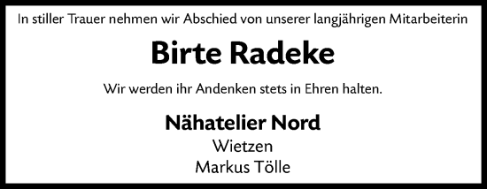 Traueranzeige von Birte Radeke von SYKS