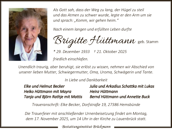 Traueranzeige von Brigitte Hüttmann von SYKR