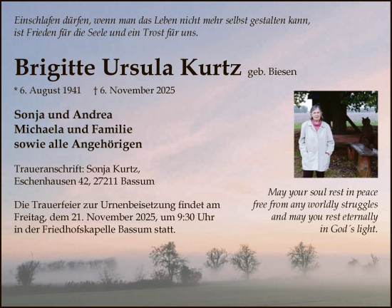 Traueranzeige von Brigitte Ursula Kurtz von SYKS