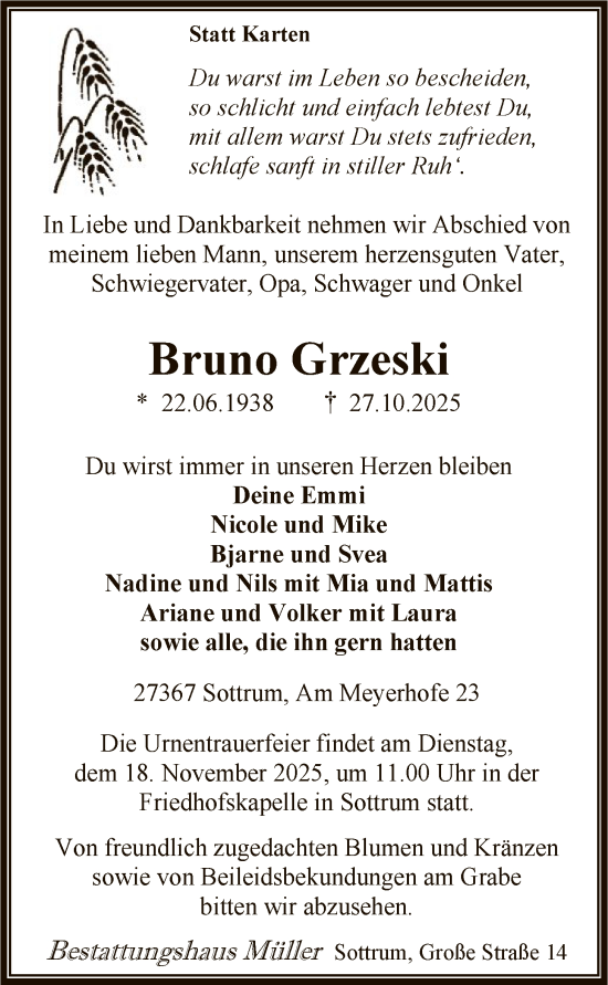 Traueranzeige von Bruno Grzeski von SYKR