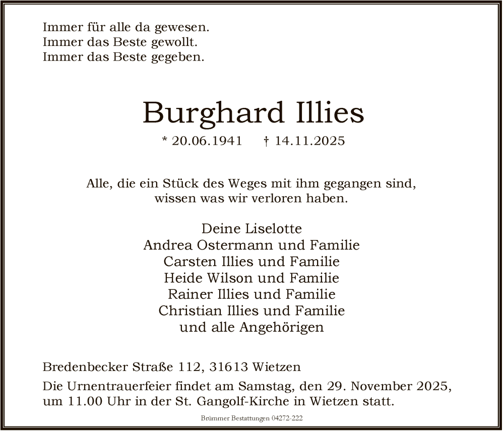  Traueranzeige für Burghard Illies vom 21.11.2025 aus SYKS