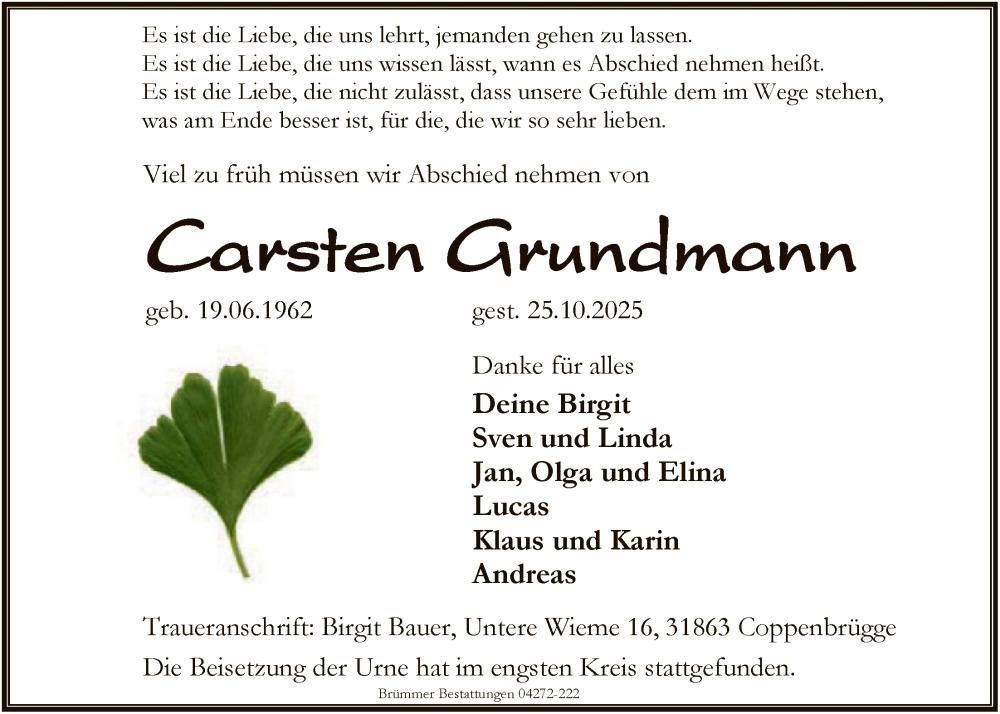  Traueranzeige für Carsten Grundmann vom 15.11.2025 aus SYKS