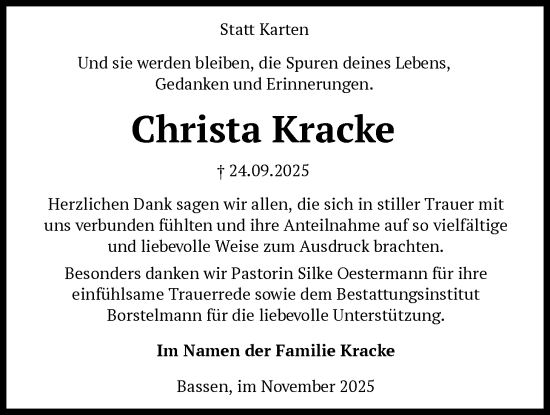 Traueranzeige von Christa Kracke von SYKS