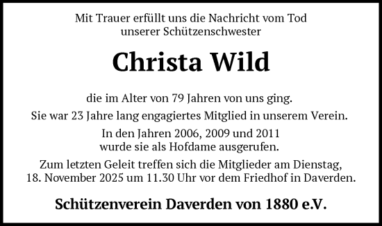 Traueranzeige von Christa Wild von SYKS