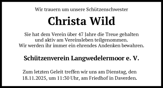 Traueranzeige von Christa Wild von SYKS