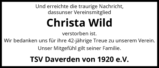 Traueranzeige von Christa Wild von SYKS