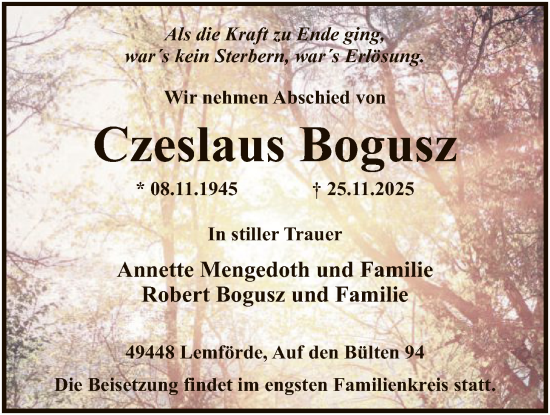 Traueranzeige von Czeslaus Bogusz von SYKS
