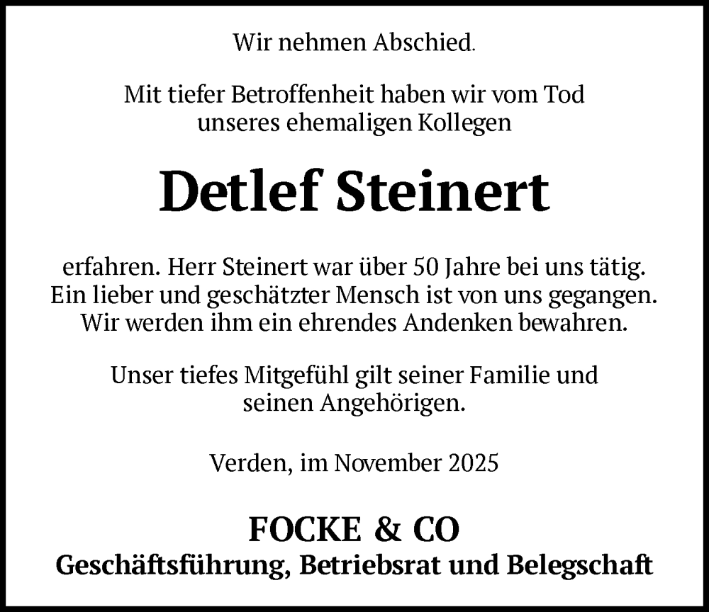  Traueranzeige für Detlef Steinert vom 15.11.2025 aus SYKS