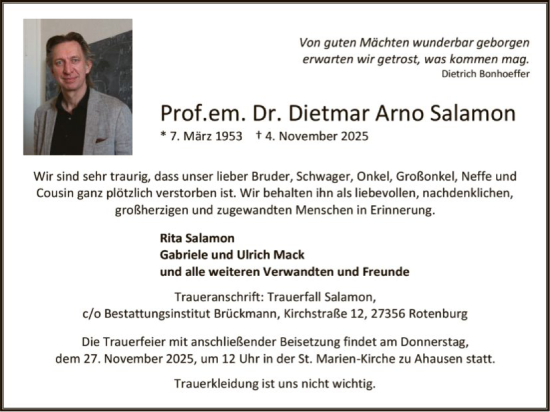 Traueranzeige von Dietmar Arno Salamon von SYKR
