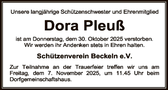 Traueranzeige von Dora Pleuß von SYWZSYKS