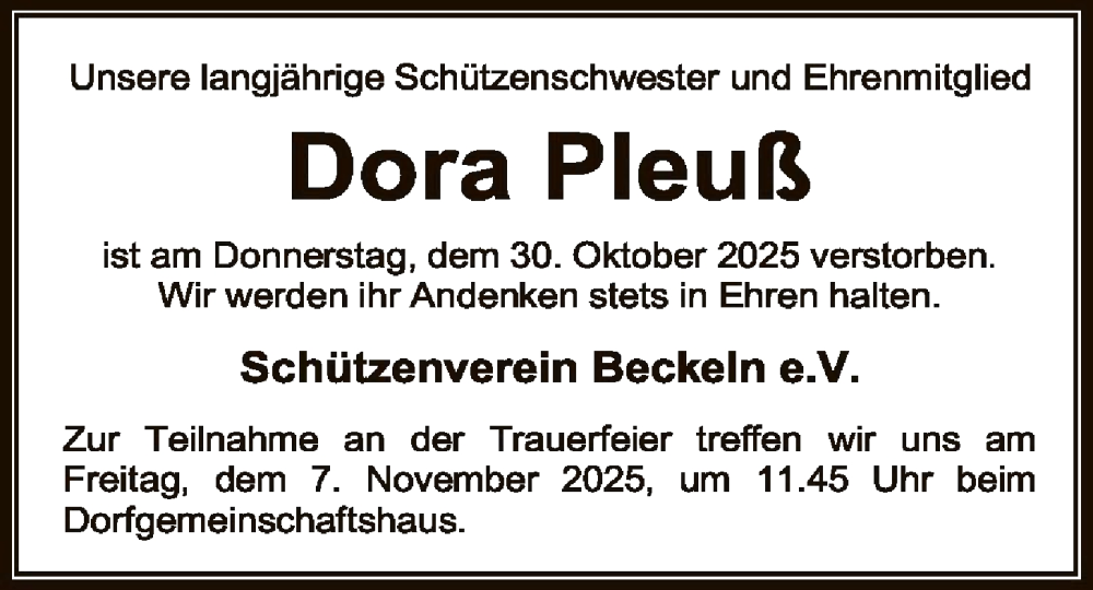  Traueranzeige für Dora Pleuß vom 04.11.2025 aus SYWZSYKS