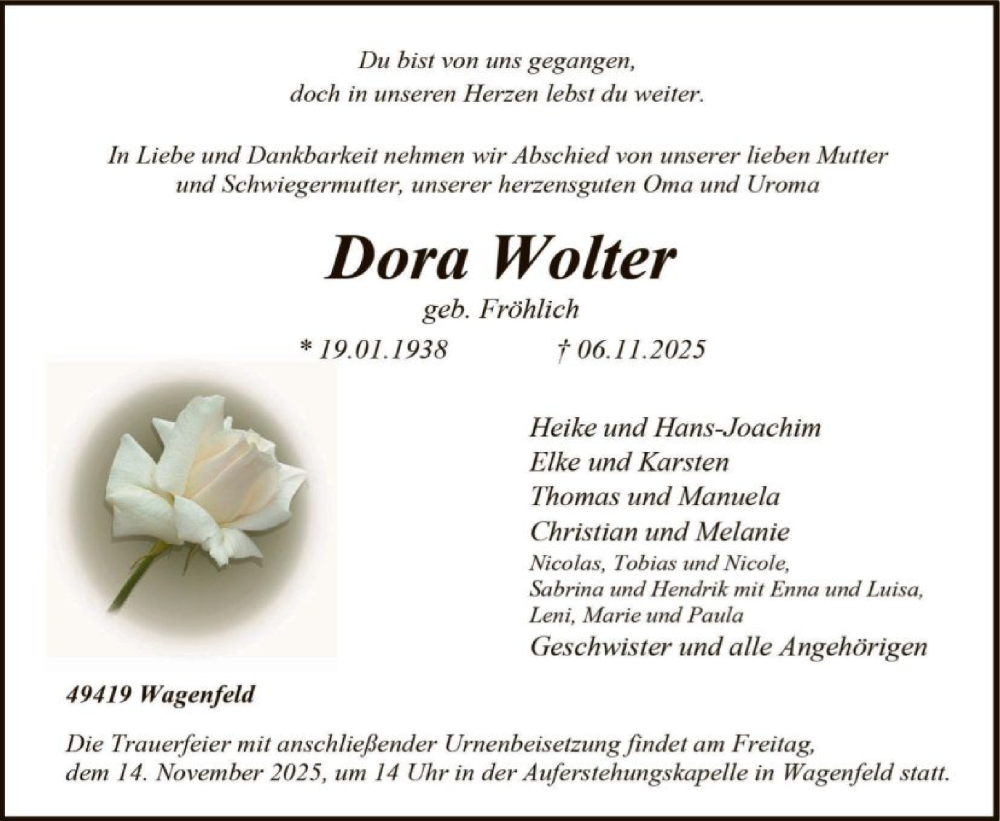  Traueranzeige für Dora Wolter vom 11.11.2025 aus SYKS
