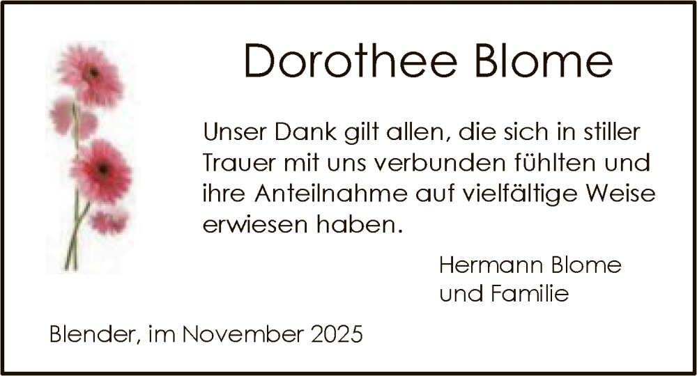  Traueranzeige für Dorothee Blome vom 22.11.2025 aus SYKS