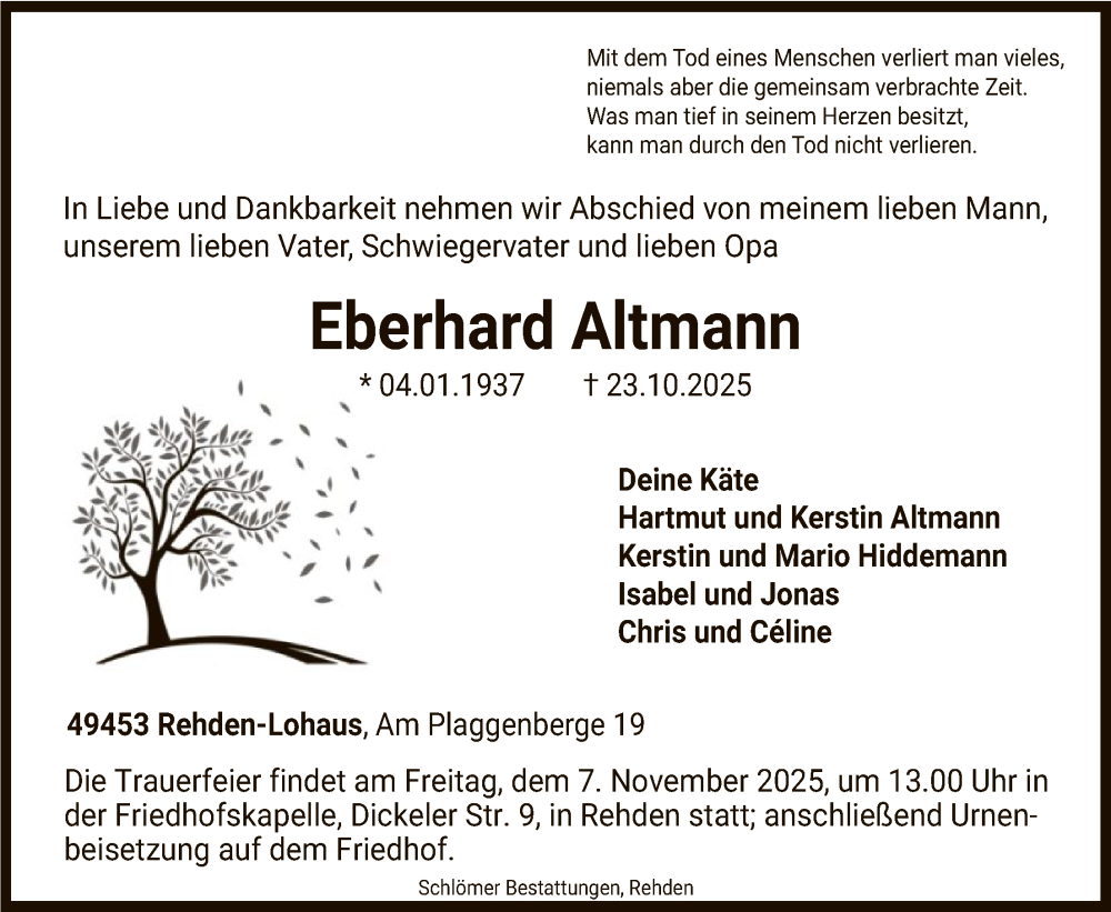  Traueranzeige für Eberhard Altmann vom 01.11.2025 aus SYKS