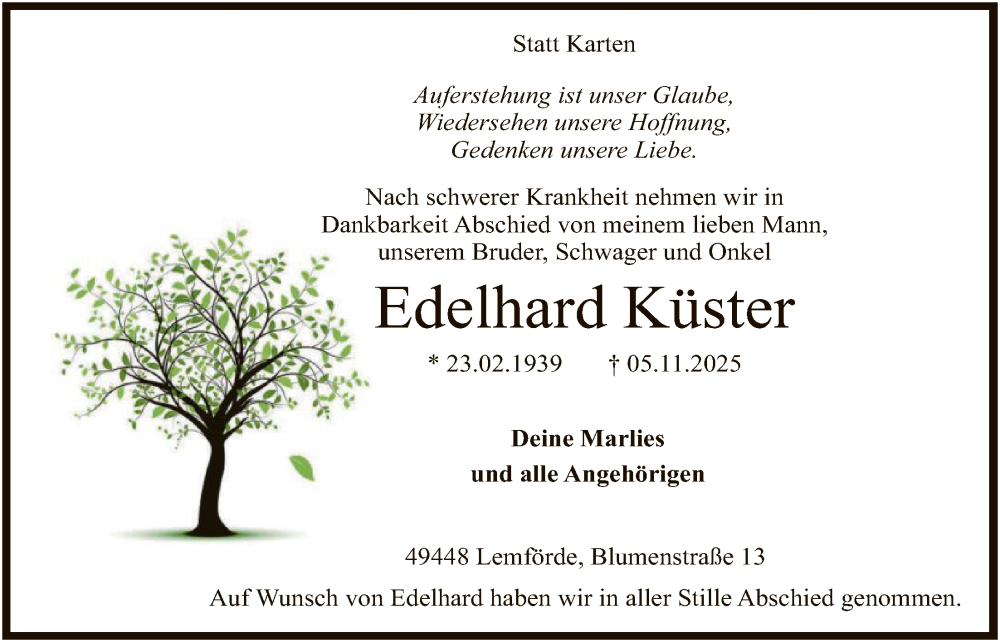  Traueranzeige für Edelhard Küster vom 22.11.2025 aus SYKS